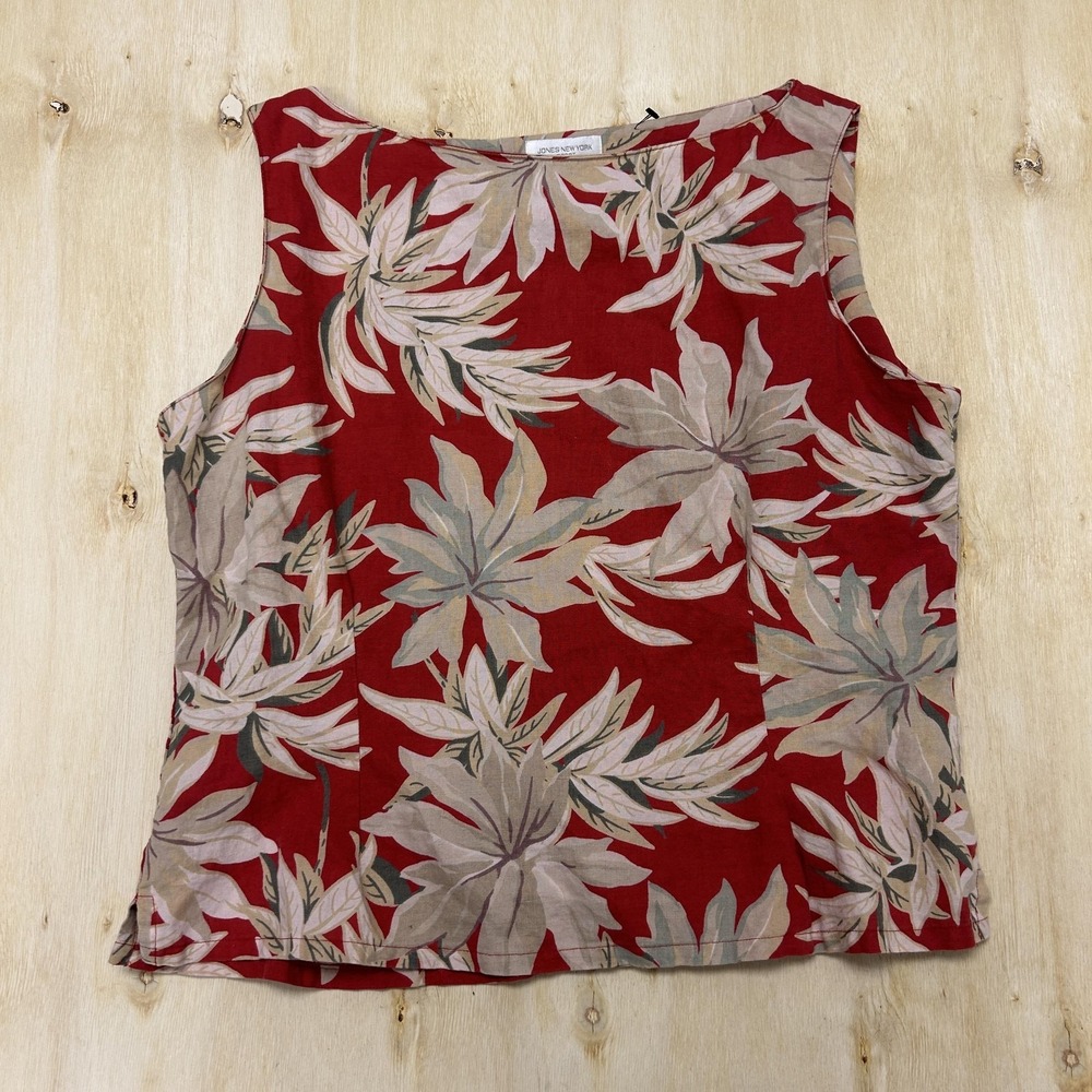 Jones New York Sport Tank Top Womens 14 Red Linen Scoop Neck Floral Tropical